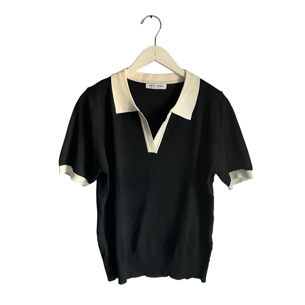 Kate Kasin Sweater Short Sleeve Collared Black White Academia Preppy Size Large
